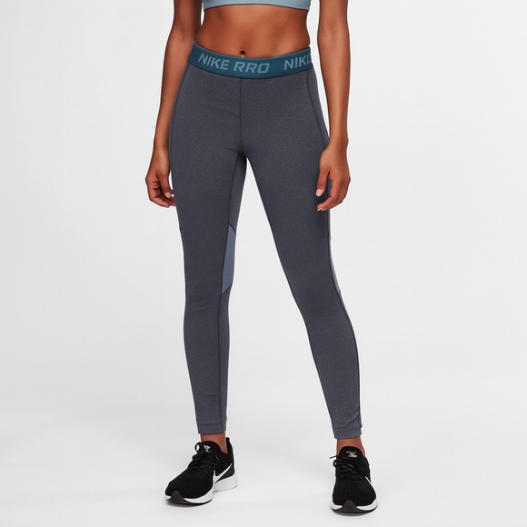 Nike PRO Charcoal Gray Teal Waistband Cozy Interior Performance Tights Medium - Picture 1 of 8